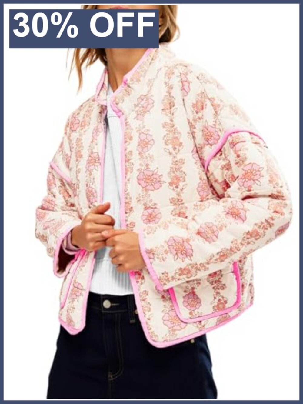Quilted Lightweight Floral Print Open Front Padded Jacket Winter Coat